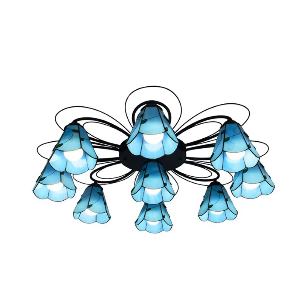 Mediterranean Stained Glass Semi - Flush Mount Light Fixture With Yellow/Blue Cone Design (3/7/9