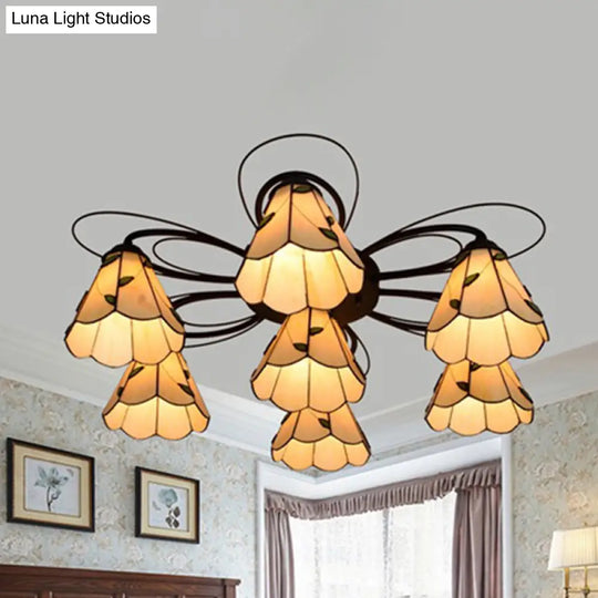 Mediterranean Stained Glass Semi - Flush Mount Light Fixture With Yellow/Blue Cone Design (3/7/9