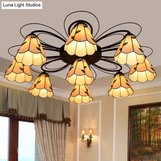 Mediterranean Stained Glass Semi - Flush Mount Light Fixture With Yellow/Blue Cone Design (3/7/9