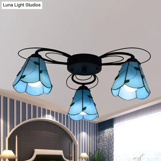 Mediterranean Stained Glass Semi-Flush Mount Light Fixture With Yellow/Blue Cone Design (3/7/9