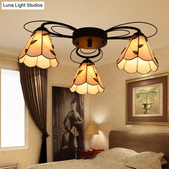 Mediterranean Stained Glass Semi-Flush Mount Light Fixture With Yellow/Blue Cone Design (3/7/9