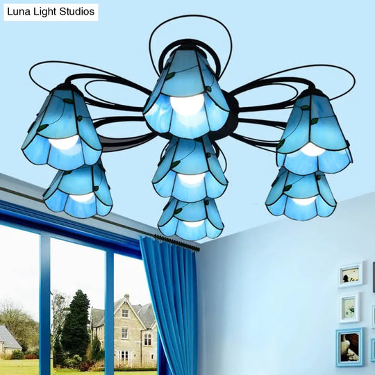 Mediterranean Stained Glass Semi - Flush Mount Light Fixture With Yellow/Blue Cone Design (3/7/9