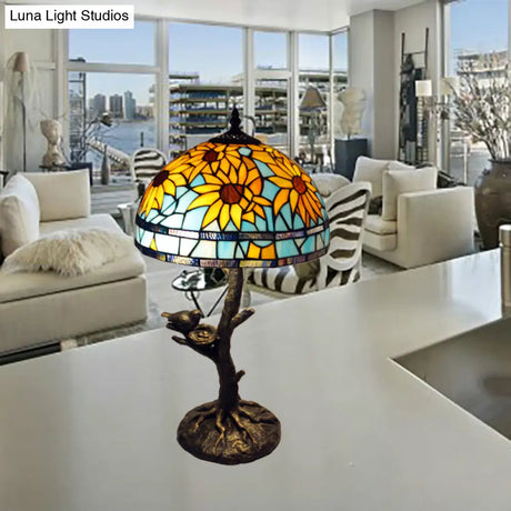 Mediterranean Stained Glass Table Lamp: Sunflower Design Antique Brass 1 Light