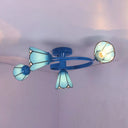 Mediterranean Style Blue Twig Half Ceiling Lamp With Colorful Glass And Radial Design - 4 Heads