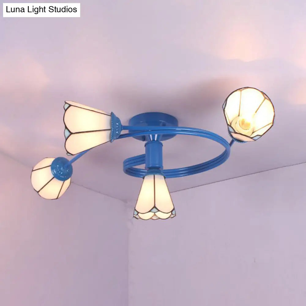 Mediterranean Style Blue Twig Half Ceiling Lamp With Colorful Glass And Radial Design - 4 Heads