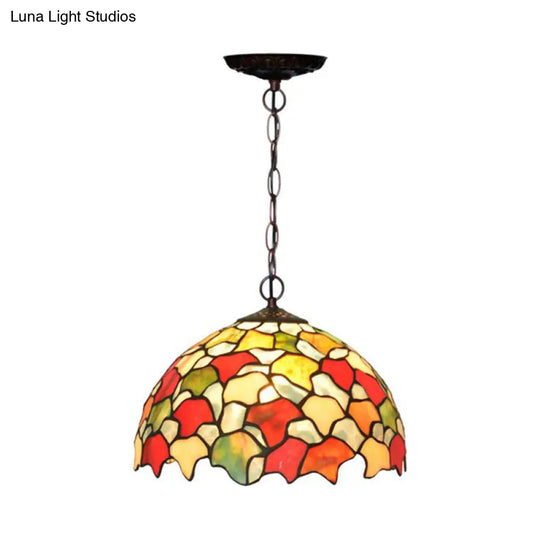 Mediterranean Red/Green Stained Glass Kitchen Pendant Light With Domed Shade Red