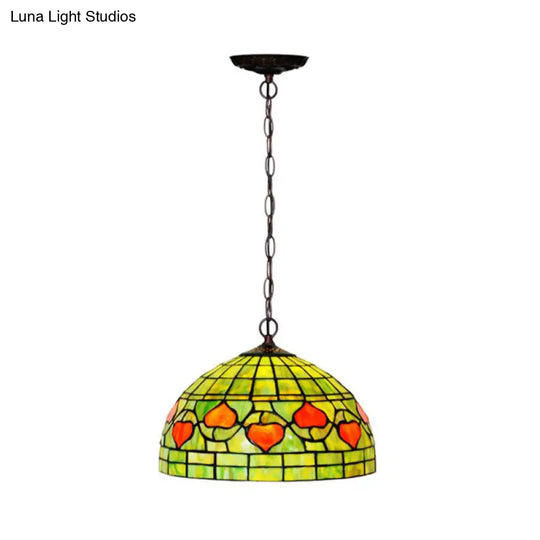 Mediterranean Red/Green Stained Glass Kitchen Pendant Light With Domed Shade