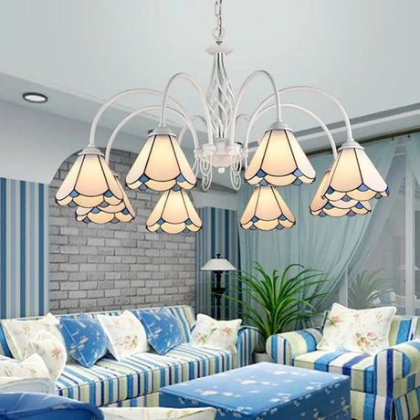 Mediterranean Style White Living Room Chandelier With Scalloped Glass Shade 8 / Down