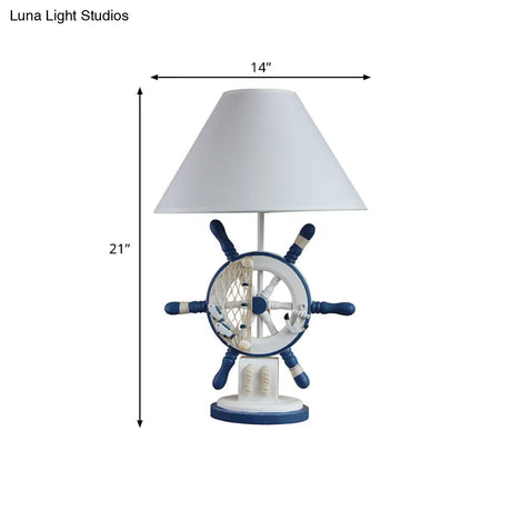 Mediterranean Style Wood Rudder Night Lamp - Single Blue Table Light With Cone Fabric Shade