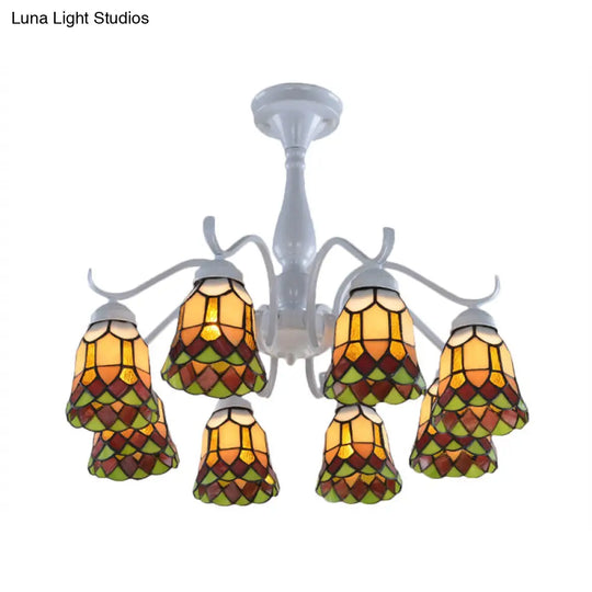 Mediterranean White Stained Glass Semi Flush Ceiling Mount Light - 6/8-Light Bell Design For Living