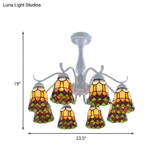 Mediterranean White Stained Glass Semi Flush Ceiling Mount Light - 6/8-Light Bell Design For Living