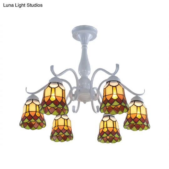 Mediterranean White Stained Glass Semi Flush Ceiling Mount Light - 6/8-Light Bell Design For Living