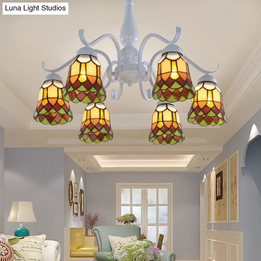 Mediterranean White Stained Glass Semi Flush Ceiling Mount Light - 6/8-Light Bell Design For Living