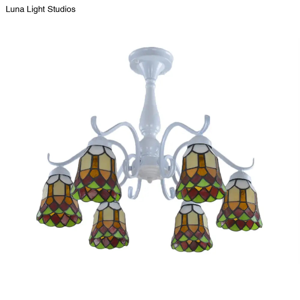 Mediterranean White Stained Glass Semi Flush Ceiling Mount Light - 6/8-Light Bell Design For Living