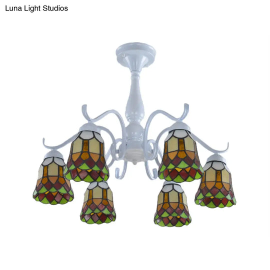 Mediterranean White Stained Glass Semi Flush Ceiling Mount Light - 6/8-Light Bell Design For Living