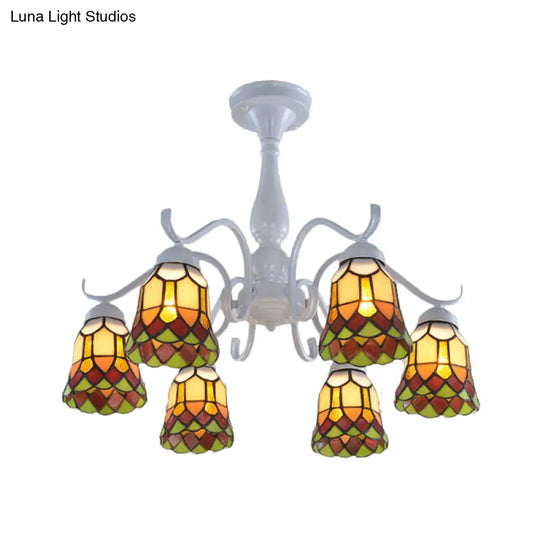 Mediterranean White Stained Glass Semi Flush Ceiling Mount Light - 6/8-Light Bell Design For Living