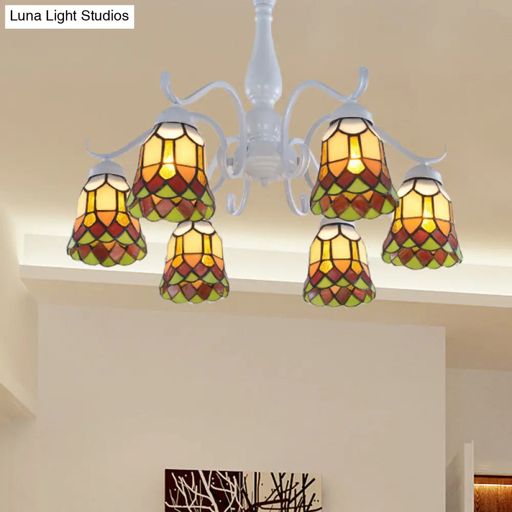 Mediterranean White Stained Glass Semi Flush Ceiling Mount Light - 6/8-Light Bell Design For Living