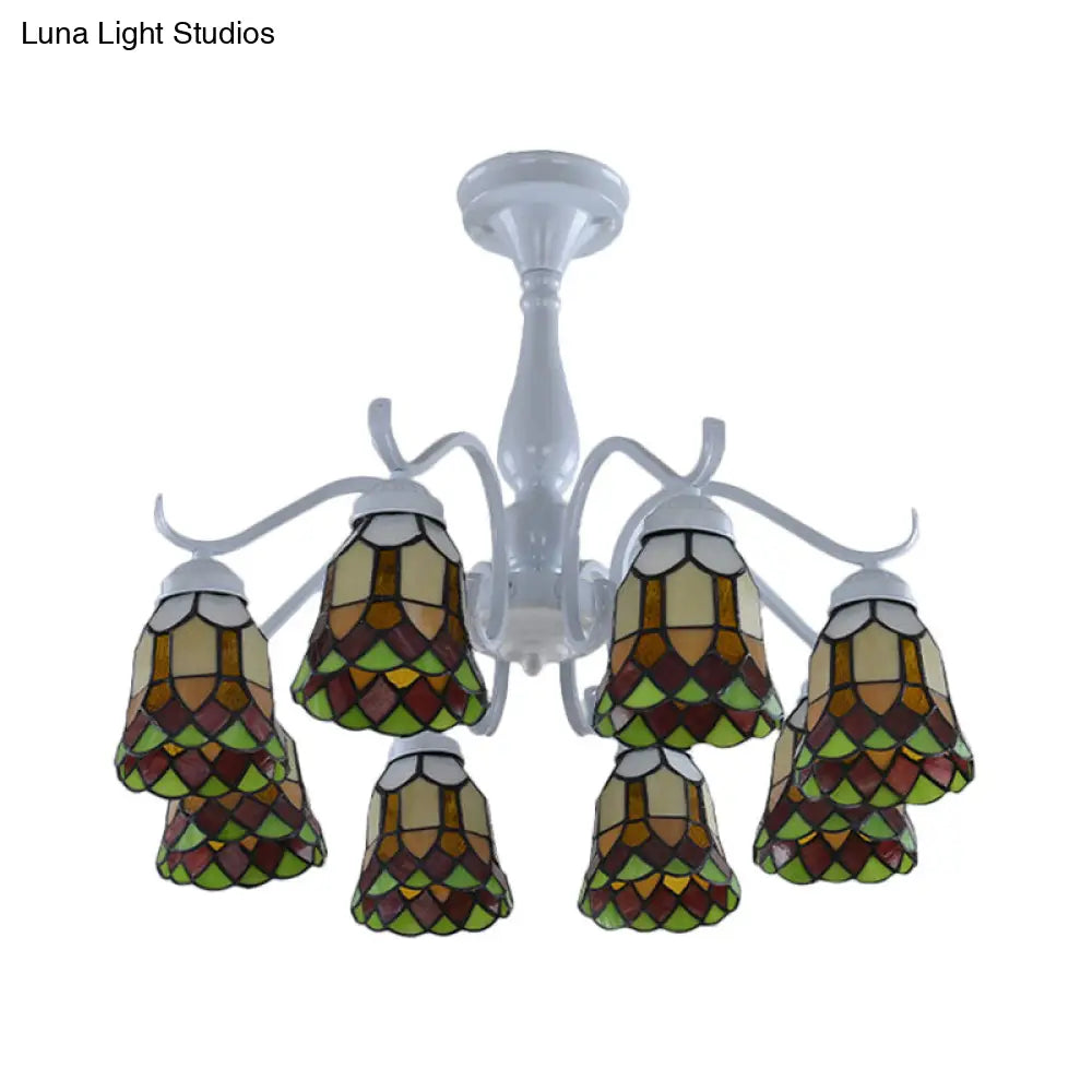 Mediterranean White Stained Glass Semi Flush Ceiling Mount Light - 6/8-Light Bell Design For Living