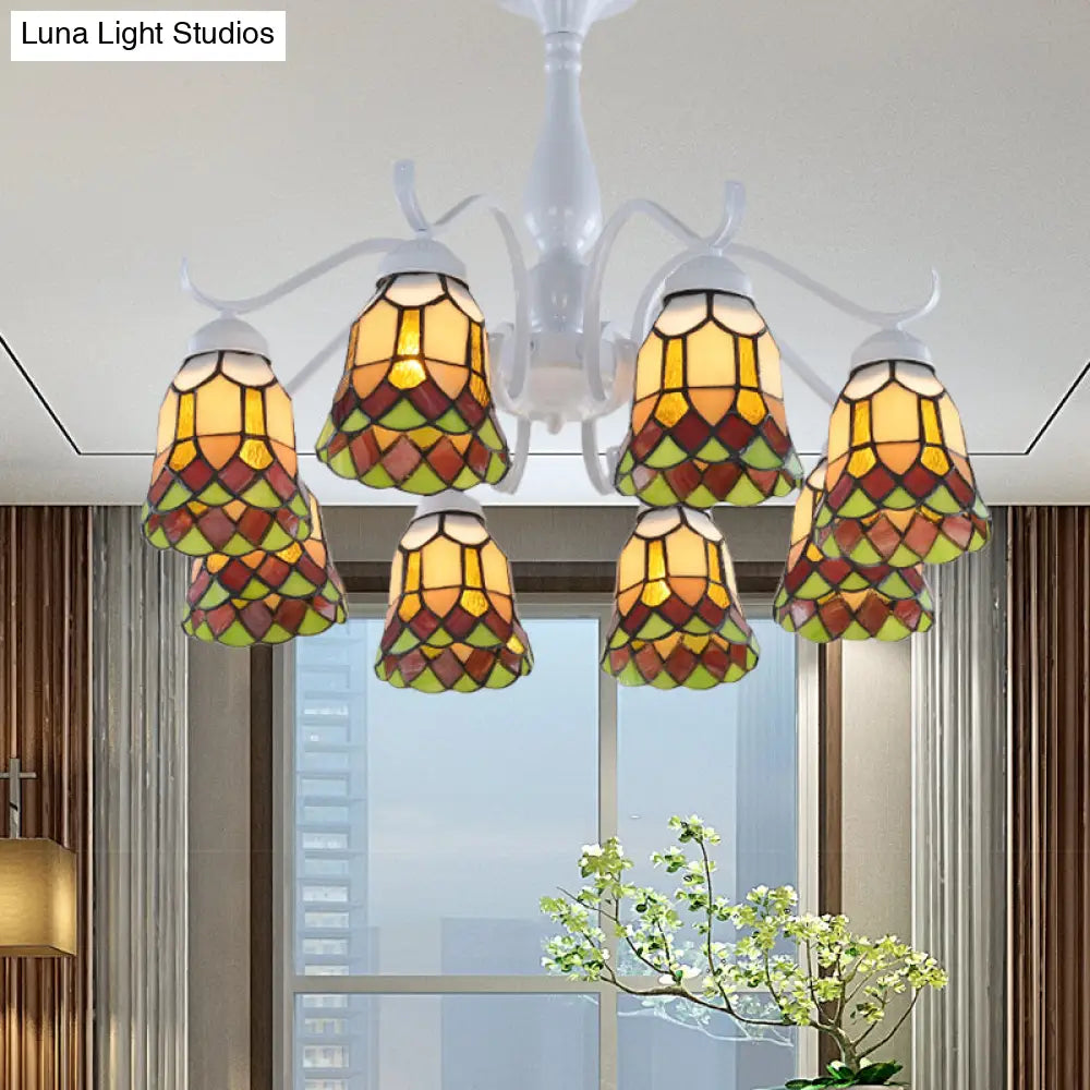 Mediterranean White Stained Glass Semi Flush Ceiling Mount Light - 6/8-Light Bell Design For Living
