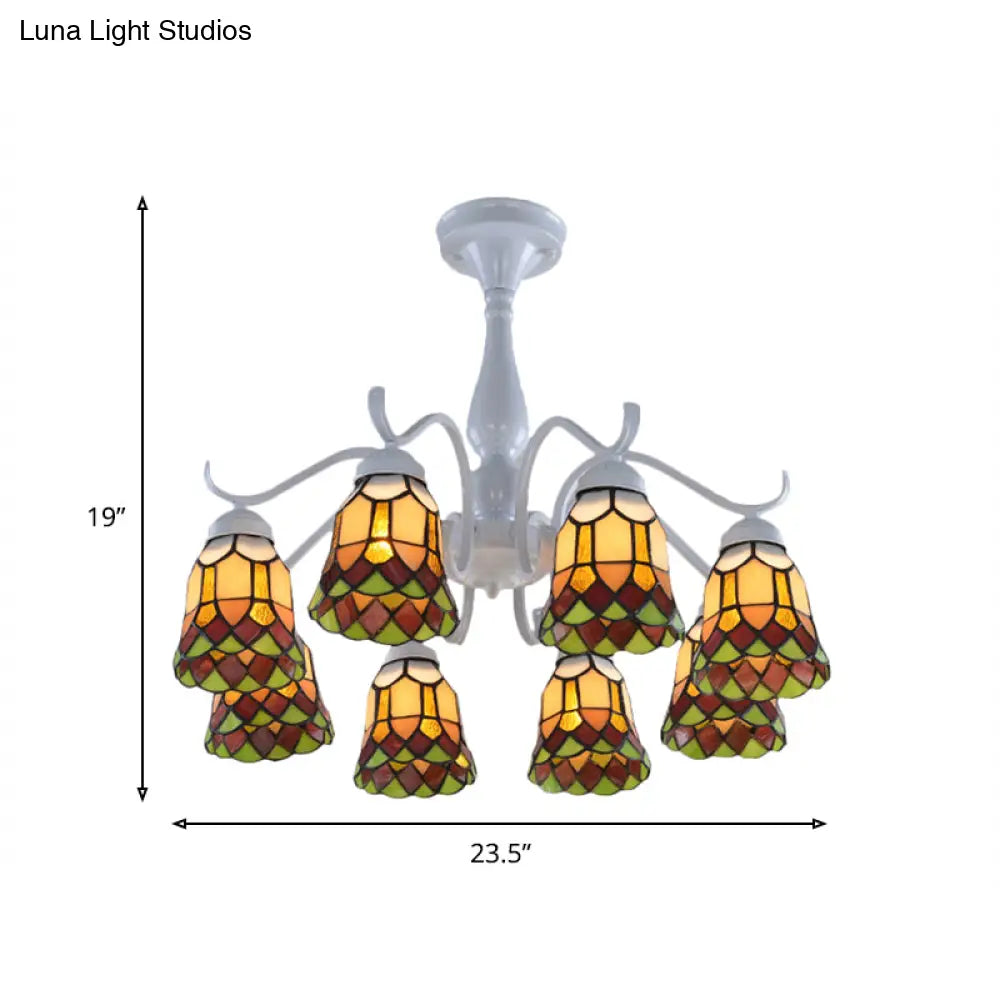 Mediterranean White Stained Glass Semi Flush Ceiling Mount Light - 6/8-Light Bell Design For Living