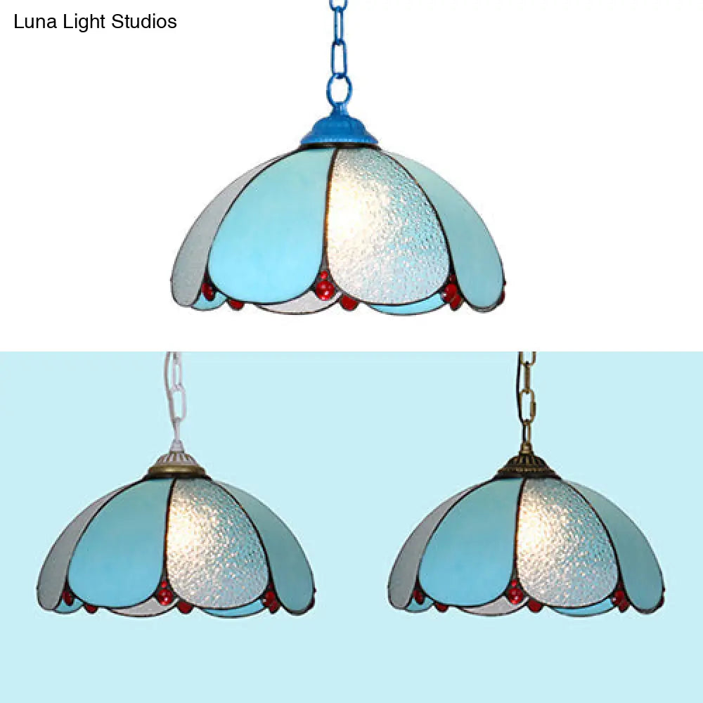 Mediterranean Wide Flare Pendant Lamp – Cut Glass 1 Head Adjustable Chain White/Blue/Bronze