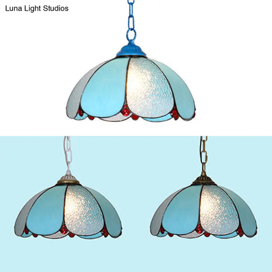 Mediterranean Wide Flare Pendant Lamp – Cut Glass 1 Head Adjustable Chain White/Blue/Bronze