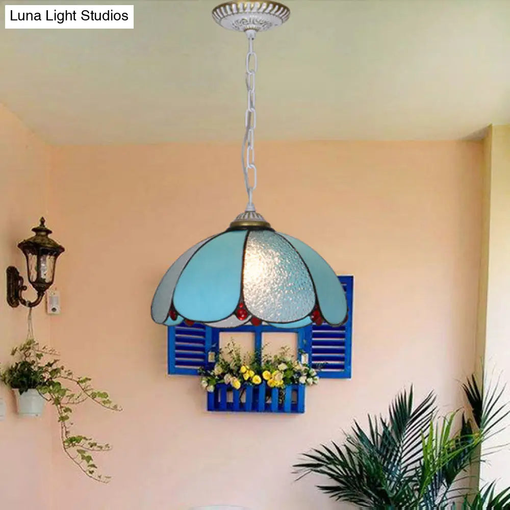 Mediterranean Cut Glass Pendant Lamp With Adjustable Metal Chain - Wide Flare White/Blue/Bronze 1