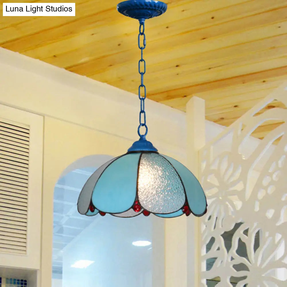 Mediterranean Cut Glass Pendant Lamp With Adjustable Metal Chain - Wide Flare White/Blue/Bronze 1