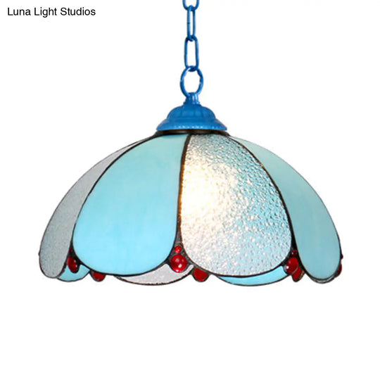 Mediterranean Wide Flare Pendant Lamp – Cut Glass 1 Head Adjustable Chain White/Blue/Bronze