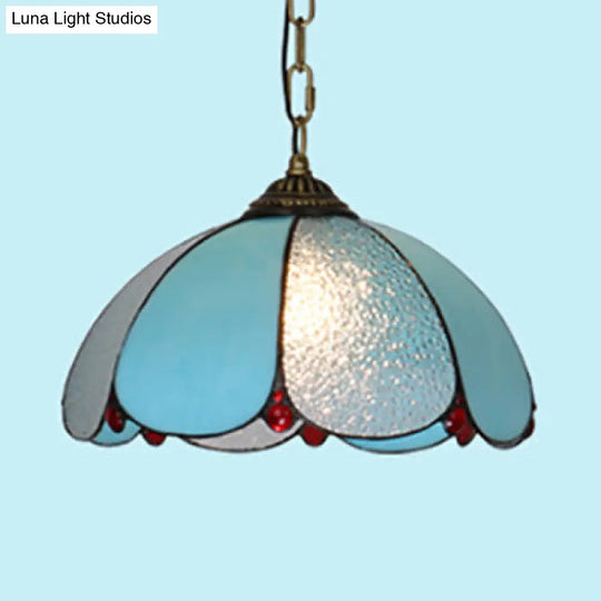 Mediterranean Wide Flare Pendant Lamp – Cut Glass 1 Head Adjustable Chain White/Blue/Bronze