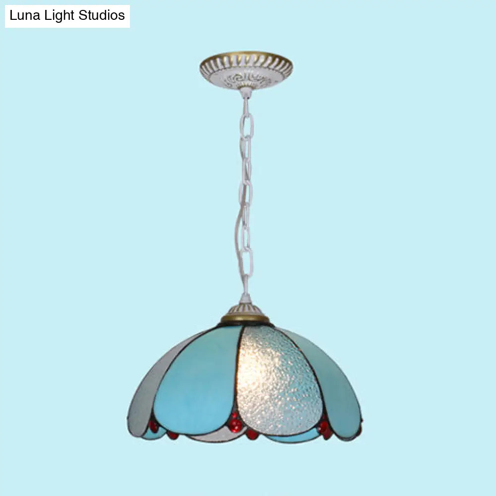 Mediterranean Cut Glass Pendant Lamp With Adjustable Metal Chain - Wide Flare White/Blue/Bronze 1