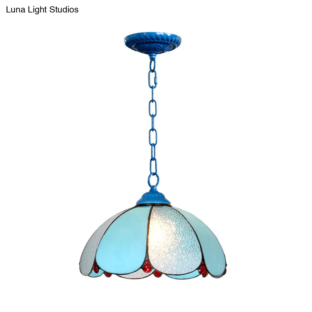Mediterranean Cut Glass Pendant Lamp With Adjustable Metal Chain - Wide Flare White/Blue/Bronze 1