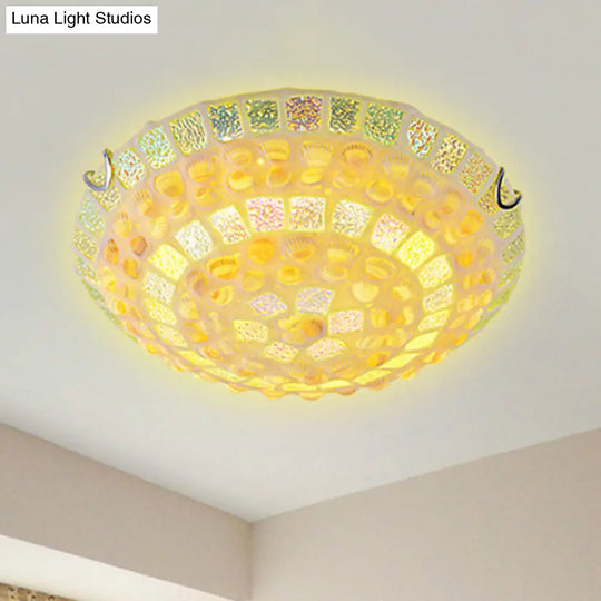 Mediterranean Yellow Mosaic Glass Bowl Ceiling Lamp With Decorative Shell For Bedrooms - Flush Mount