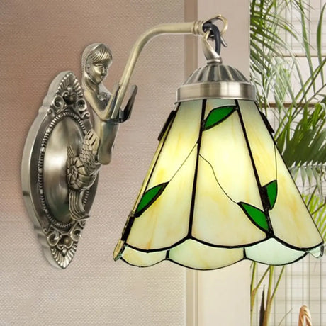Mermaid Backplate Conical Wall Sconce Lighting In Mission White/Beige Glass - Elegant Mount Light
