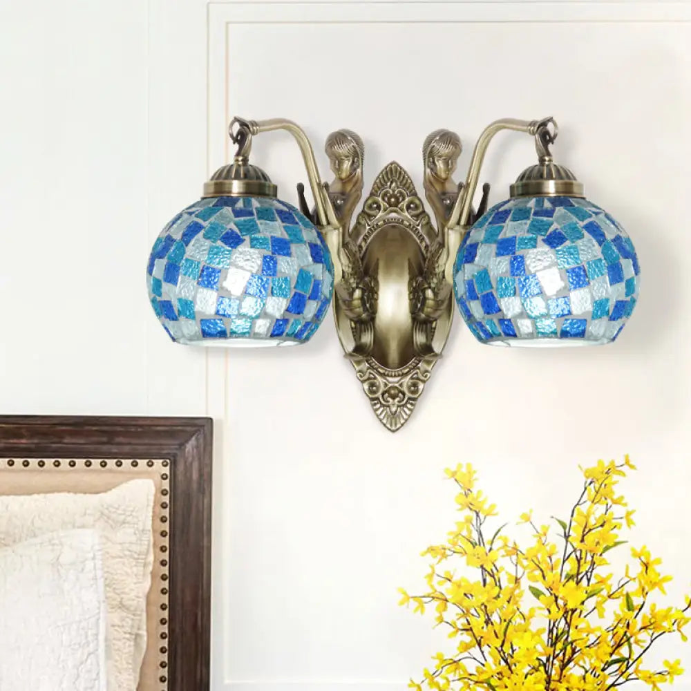 Mermaid Design Tiffany Wall Light Fixture: Stunning Blue Cut Glass 1/2-Bulb Lamp 2 /
