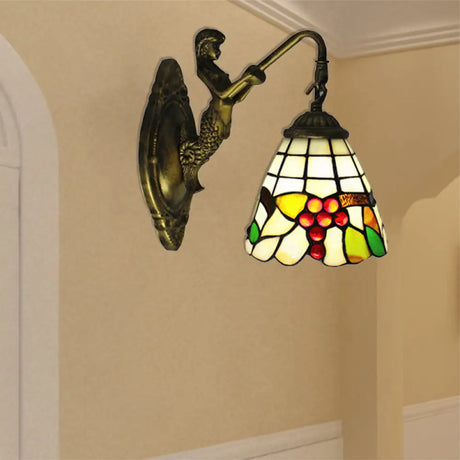 Mermaid Wall Sconce With Fruit Pattern Stained Glass- 1-Light Mini Mount Beige