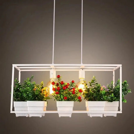 Metal 2-Head Rectangle Pendant Light Fixture For Restaurants With Hanging Artificial Bonsai White