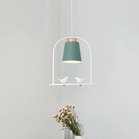 Metal Bird Cage Down Lighting Pendant Lamp With Small Barrel Shade In White/Black/Grey Finish Green