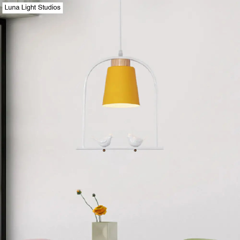 Metal Bird Cage Down Lighting Pendant Lamp With Small Barrel Shade In White/Black/Grey Finish Yellow