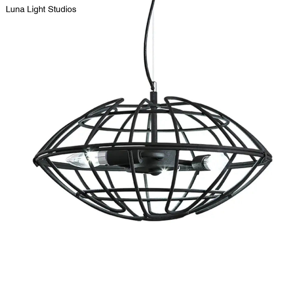 Metal Black Chandelier Light - Ufo Wire Cage 3 Bulb Factory Suspension Lighting For Restaurant