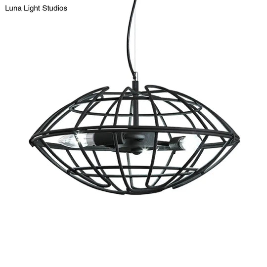 Metal Black Chandelier Light - Ufo Wire Cage 3 Bulb Factory Suspension Lighting For Restaurant