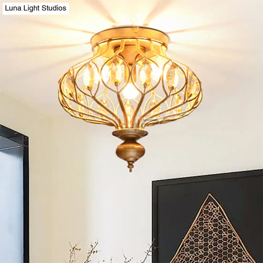 Metal Cage Crystal Flush Mount Lamp 3/6 Lights Brass / 14’