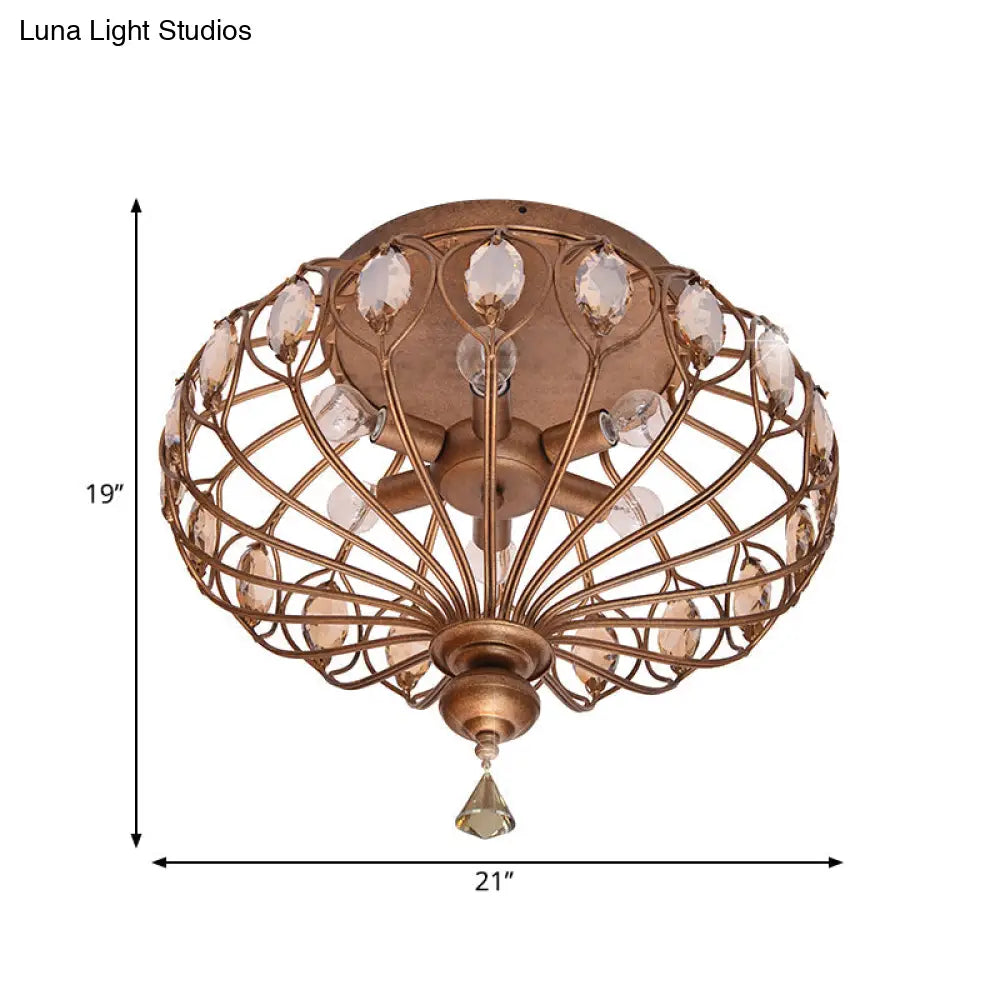 Metal Cage Crystal Flush Mount Lamp 3/6 Lights Brass