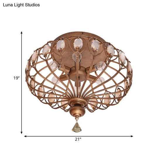 Metal Cage Crystal Flush Mount Lamp 3/6 Lights Brass