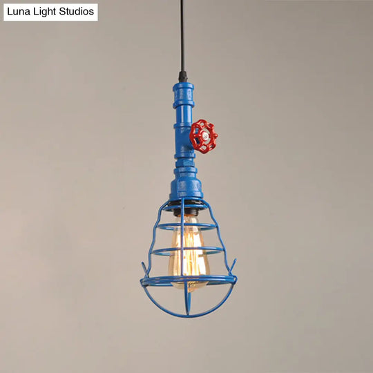 Metal Cage Pendant Light With Red Valve Deco – Industrial Single Bulb Suspension Fixture Blue