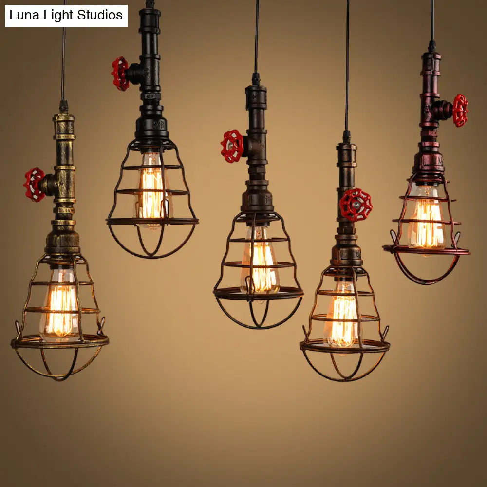 Metal Cage Pendant Light With Red Valve Deco – Industrial Single Bulb Suspension Fixture Purple-Red