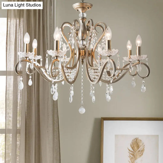 Metal Chandelier Pendant Light With Scrolled Arm Crystal Accent - Traditional Living Room Lighting