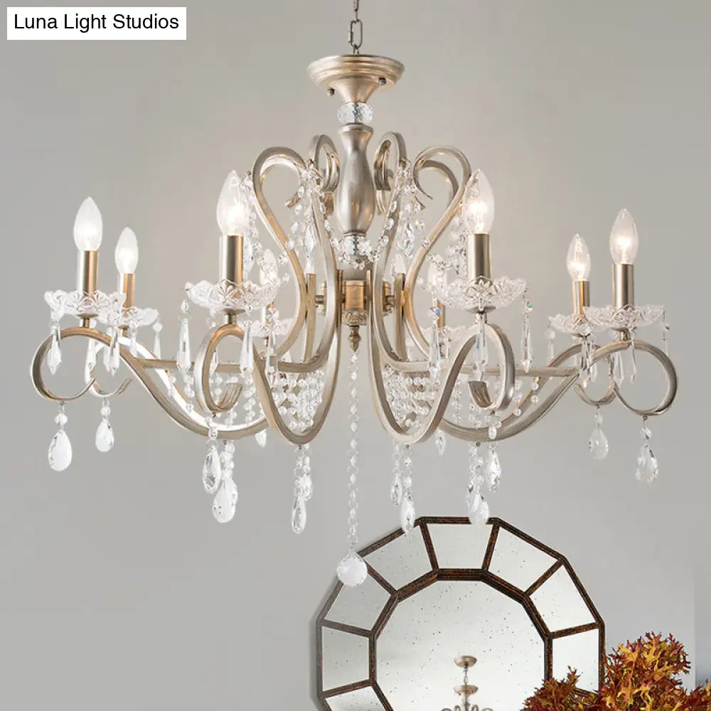 Metal Chandelier Pendant Light With Scrolled Arm Crystal Accent - Traditional Living Room Lighting