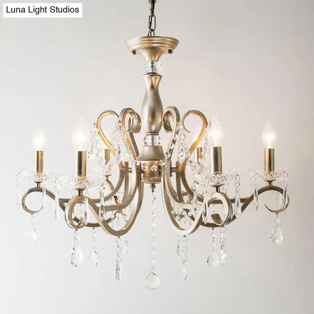 Metal Chandelier Pendant Light With Scrolled Arm Crystal Accent - Traditional Living Room Lighting