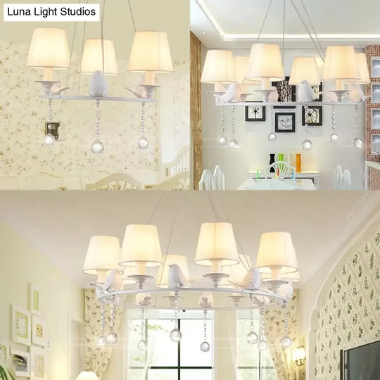 Metal Chandelier With Crystal Accents - Elegant White Bucket Shade Hanging Lamp For Living Room